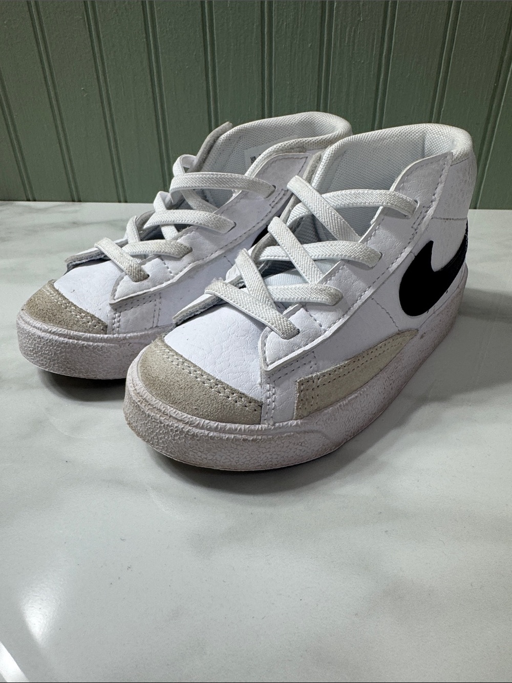 Nike Kids White High-Top Sneakers with Black Swoosh and Light Tan Suede